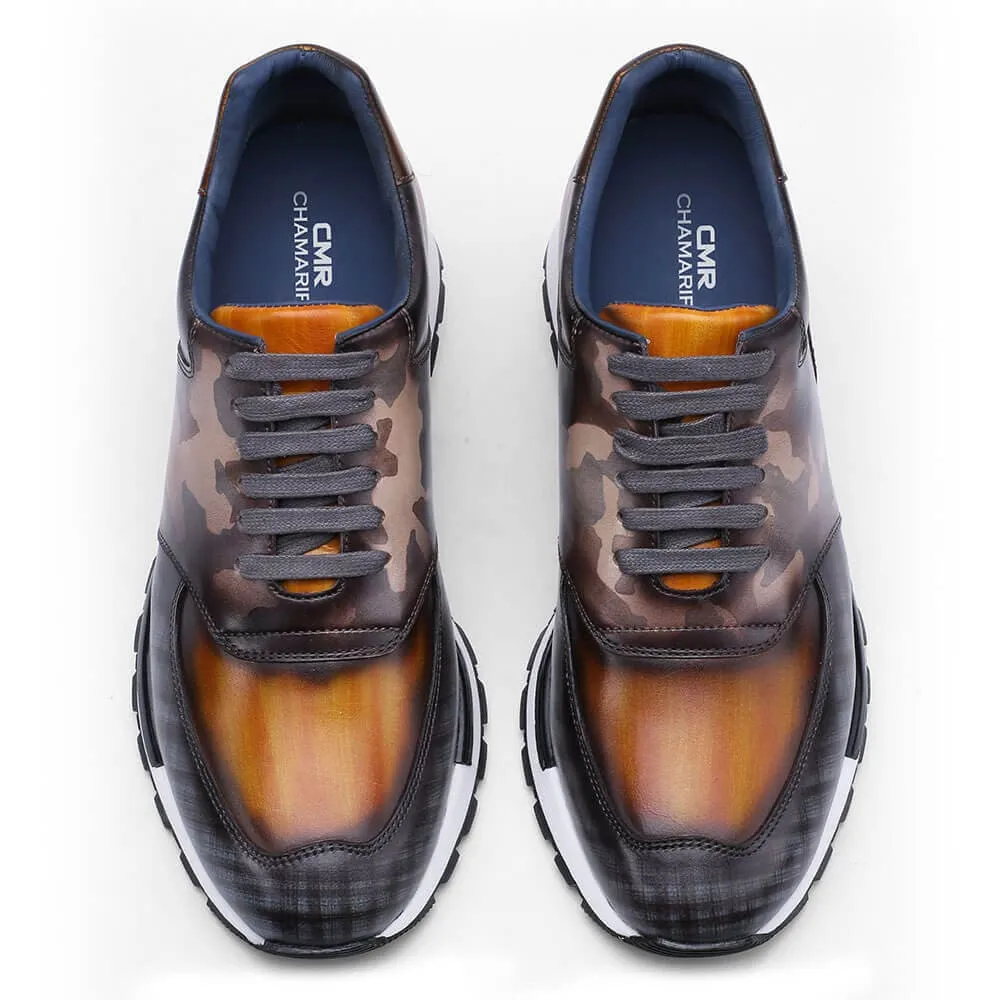 7CM /2.76 Inches - CMR CHAMARIPA Casual Tall Men Shoes - Hand Patina Elevator Sneaker - Multi-Colored Patina Leather Trainers