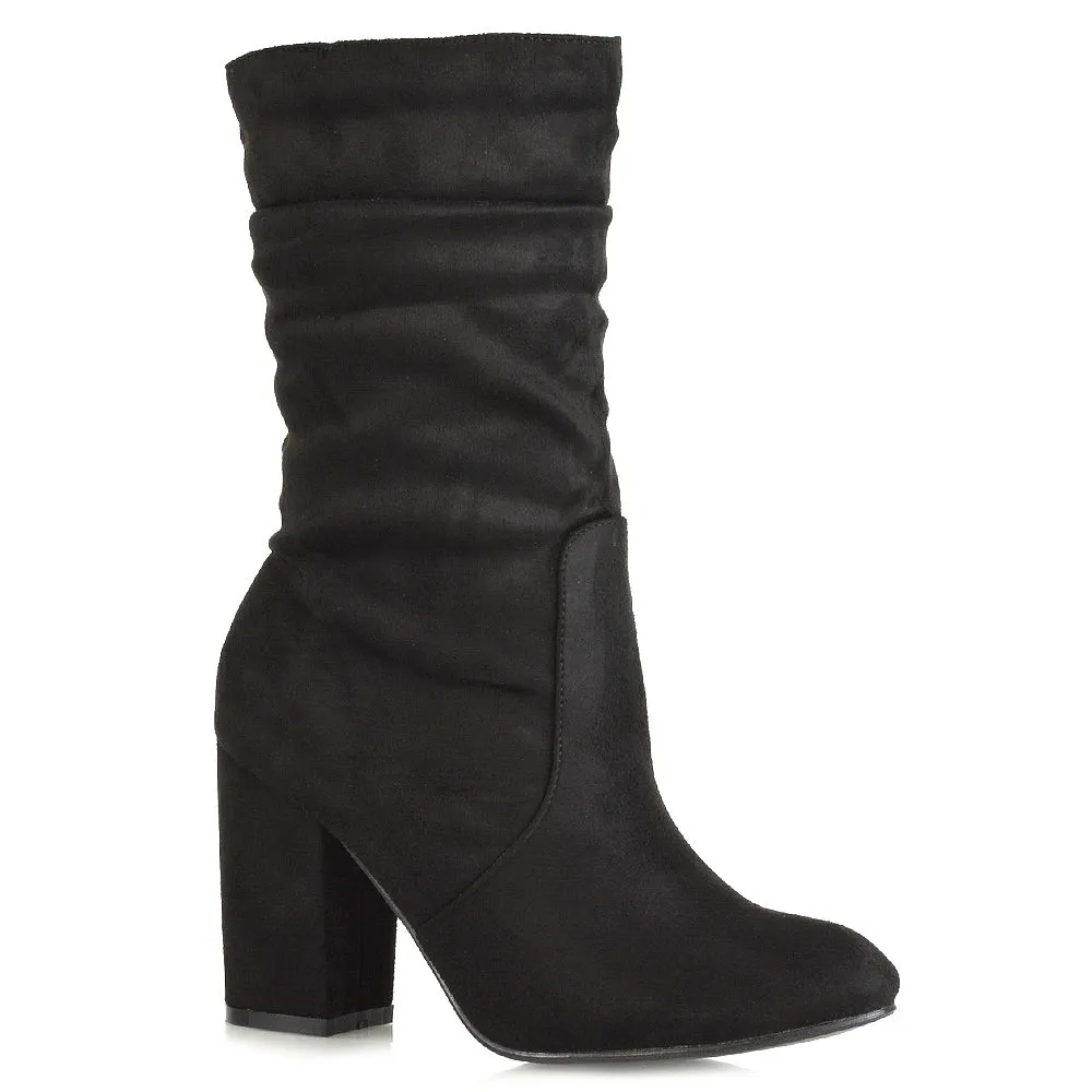 Belle Mid Block Heel Ruched Pull On Mid Calf Boots in Black Synthetic Leather