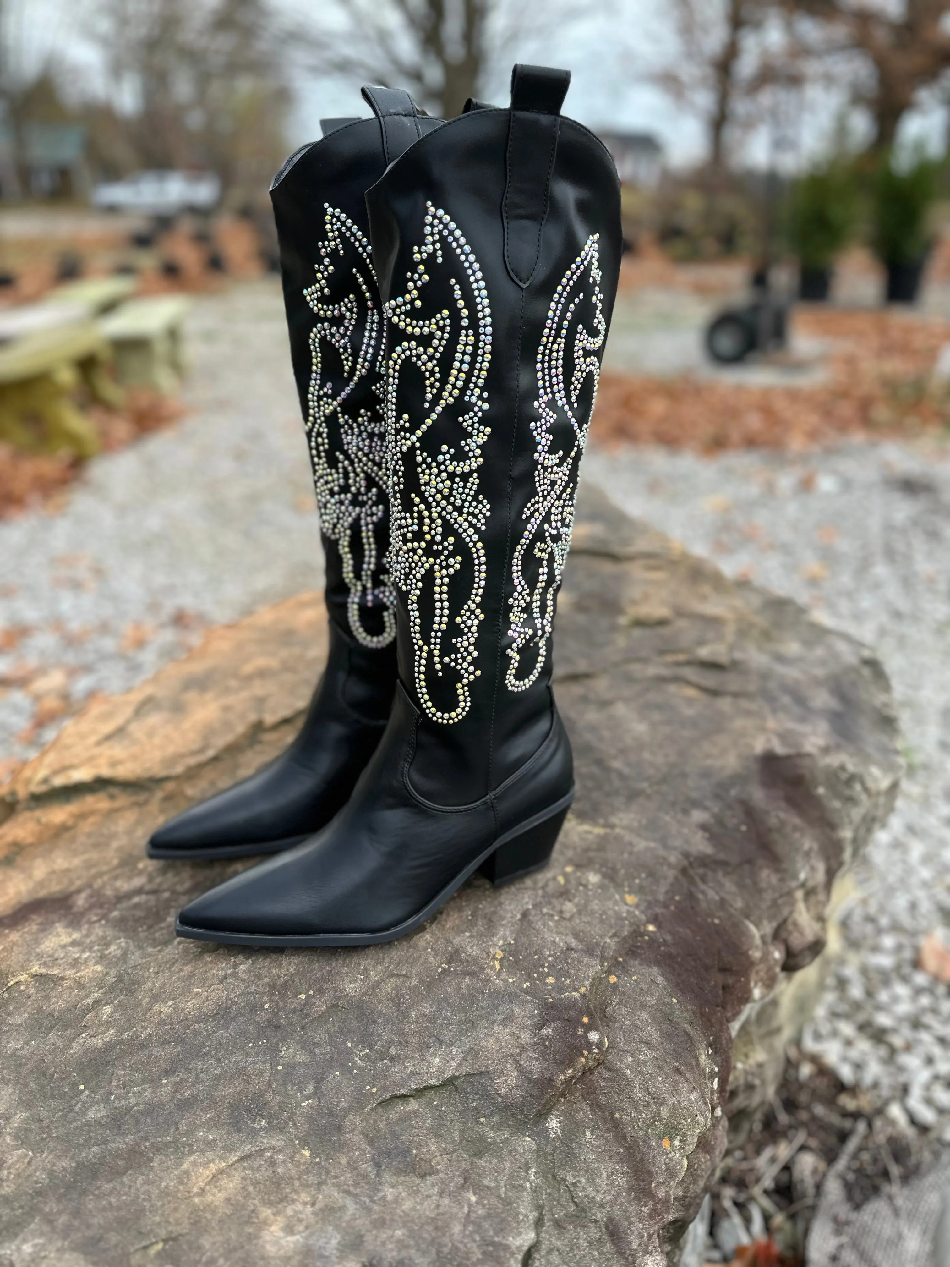 BLACK RHINESTONE METALLIC WESTERN COWBOY BOOTS