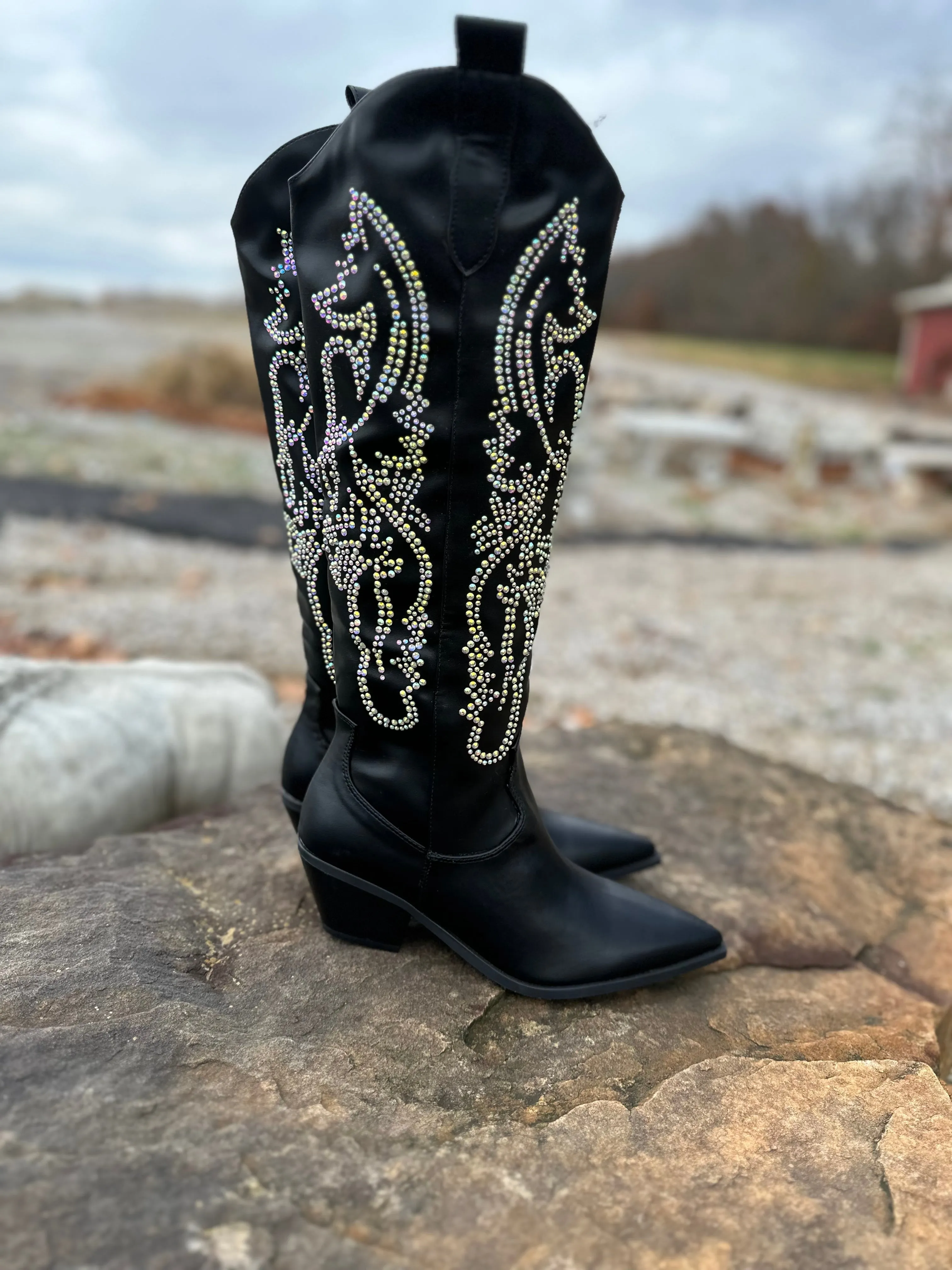 BLACK RHINESTONE METALLIC WESTERN COWBOY BOOTS