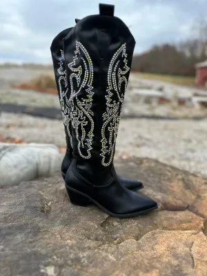 BLACK RHINESTONE METALLIC WESTERN COWBOY BOOTS