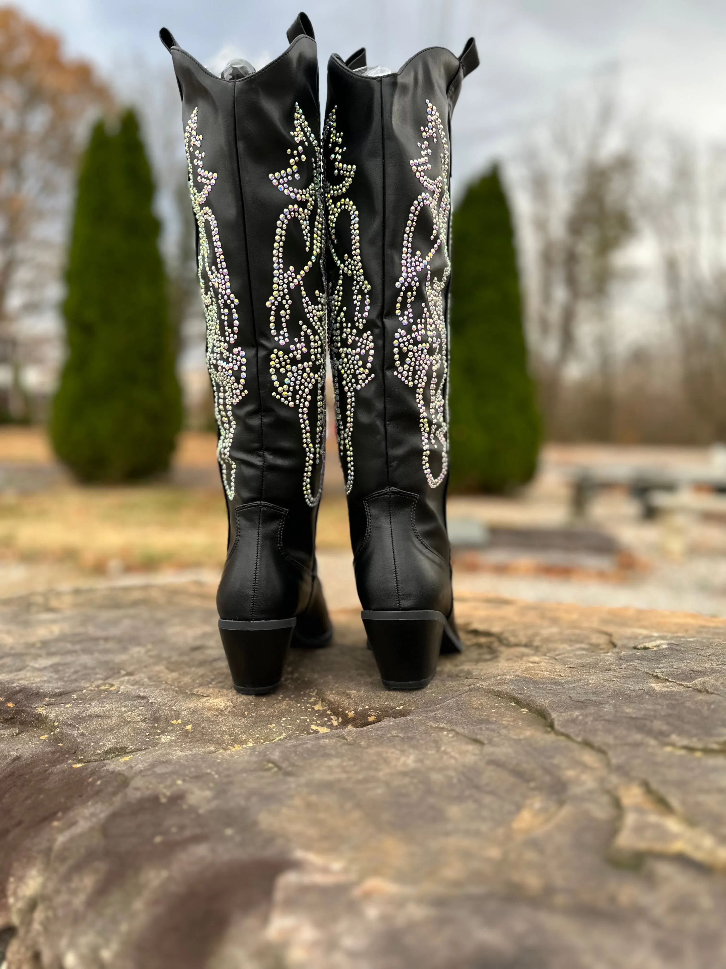 BLACK RHINESTONE METALLIC WESTERN COWBOY BOOTS