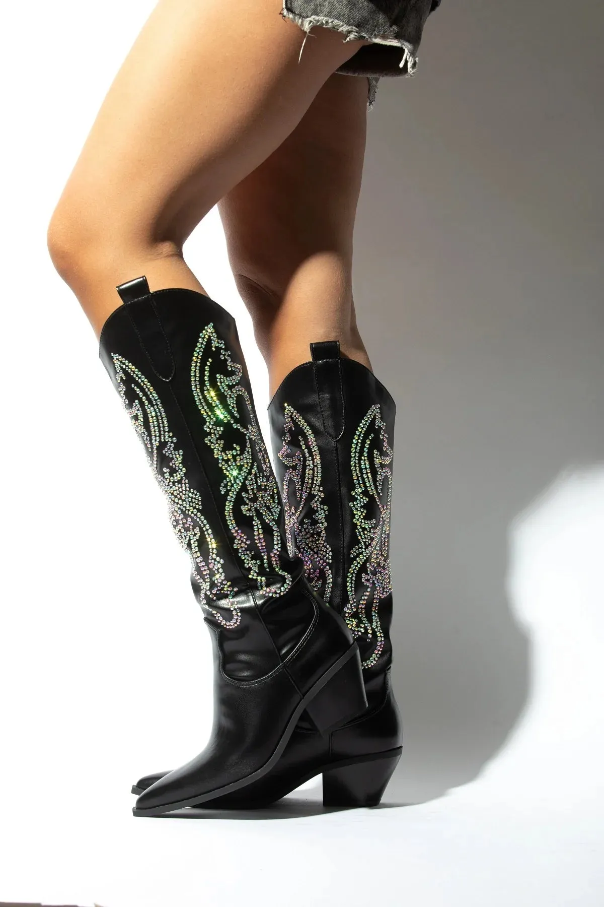 BLACK RHINESTONE METALLIC WESTERN COWBOY BOOTS