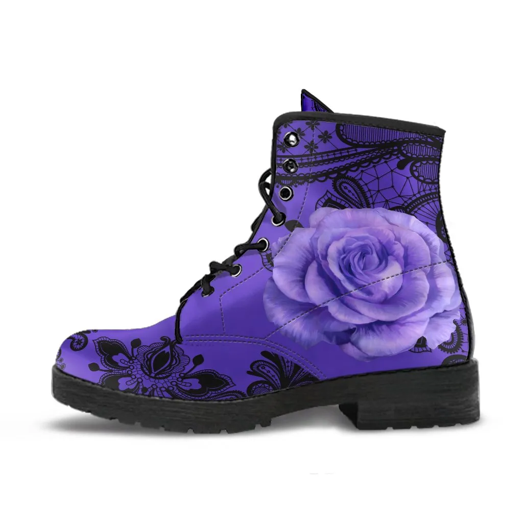 Combat Boots-Gothic Lace Print 103 Purple