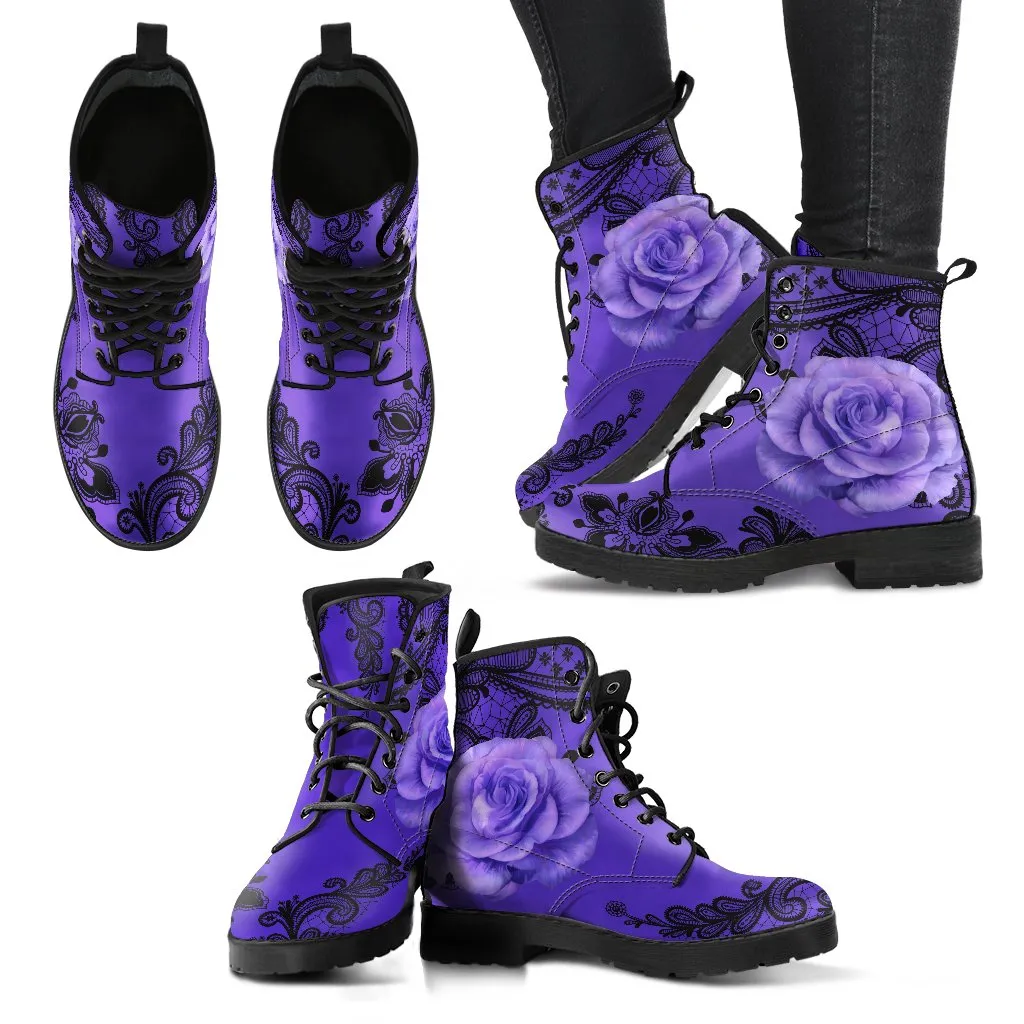 Combat Boots-Gothic Lace Print 103 Purple