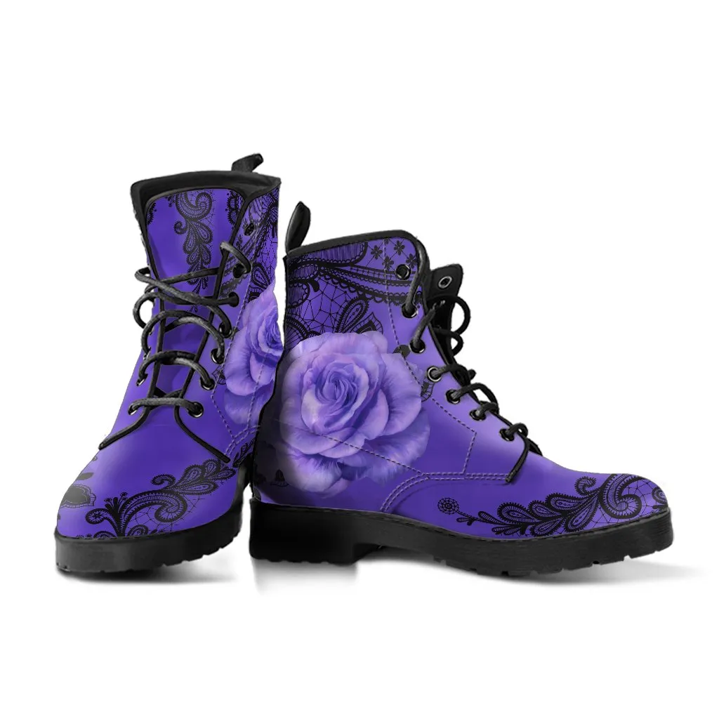 Combat Boots-Gothic Lace Print 103 Purple