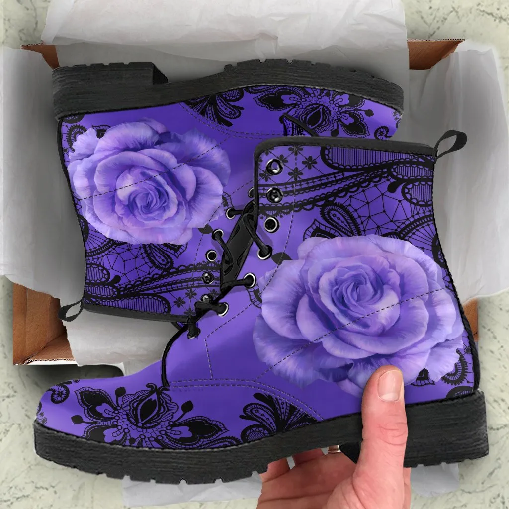 Combat Boots-Gothic Lace Print 103 Purple
