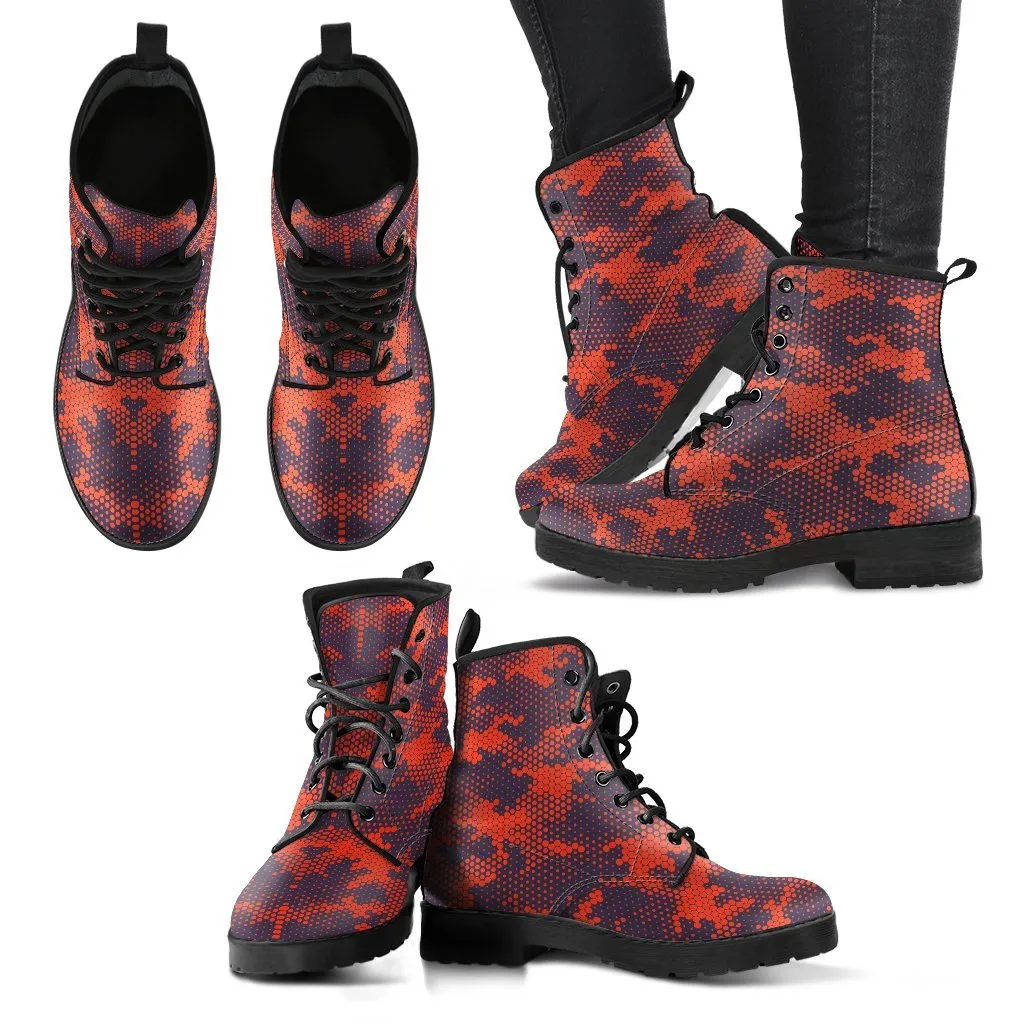 Combat Boots - Red Camouflage Style | Red Boots, Boho Shoes, Handmade Lace Up Boots, Vegan Leather Lace Up Boots Women, 90s Boots