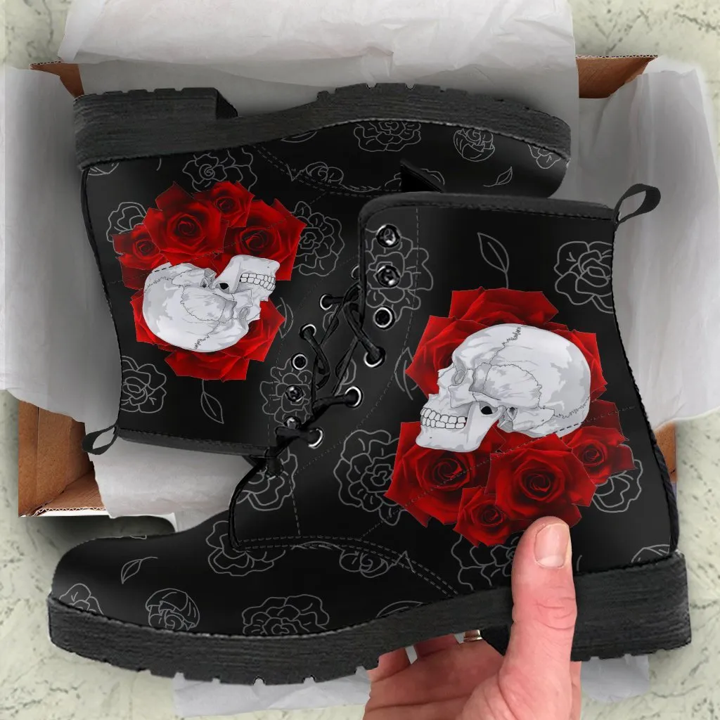 Combat Boots - Skulls and Red Roses | Black Boots, Black Hipster Boots, Black Combat Boots, 90s Boots, Goth Boots, Gothic Boots, 2000s Boots