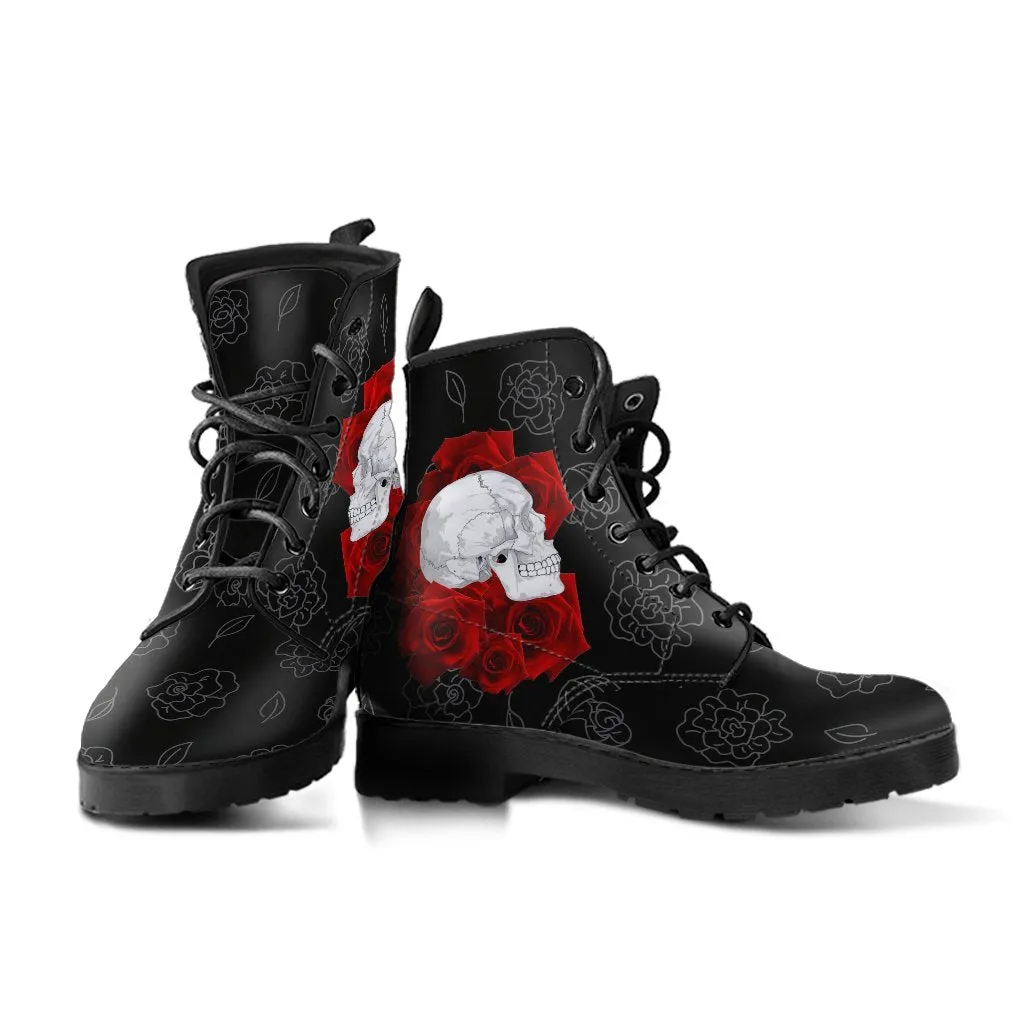Combat Boots - Skulls and Red Roses | Black Boots, Black Hipster Boots, Black Combat Boots, 90s Boots, Goth Boots, Gothic Boots, 2000s Boots