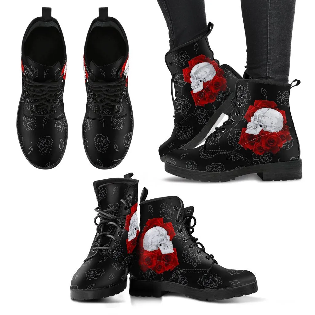Combat Boots - Skulls and Red Roses | Black Boots, Black Hipster Boots, Black Combat Boots, 90s Boots, Goth Boots, Gothic Boots, 2000s Boots
