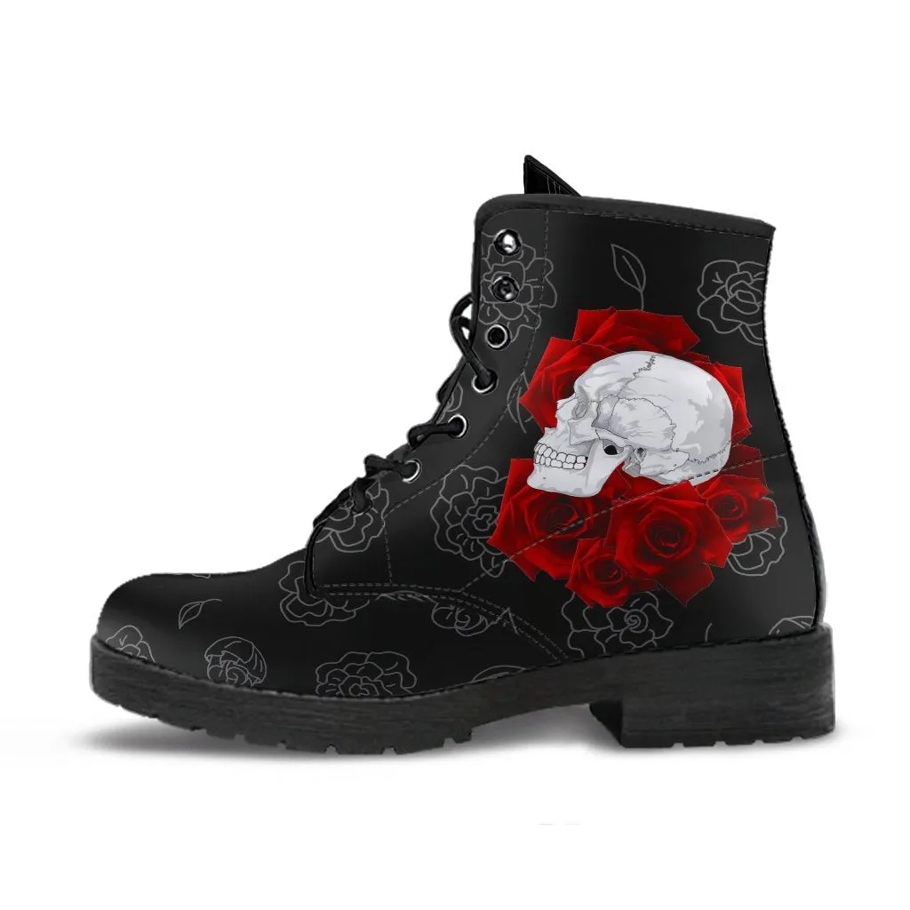 Combat Boots - Skulls and Red Roses | Black Boots, Black Hipster Boots, Black Combat Boots, 90s Boots, Goth Boots, Gothic Boots, 2000s Boots