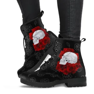Combat Boots - Skulls and Red Roses | Black Boots, Black Hipster Boots, Black Combat Boots, 90s Boots, Goth Boots, Gothic Boots, 2000s Boots
