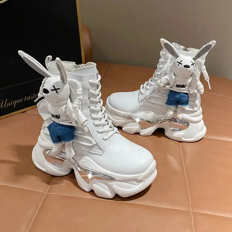 Decorated With Rabbit With Zipper And Laces Boots