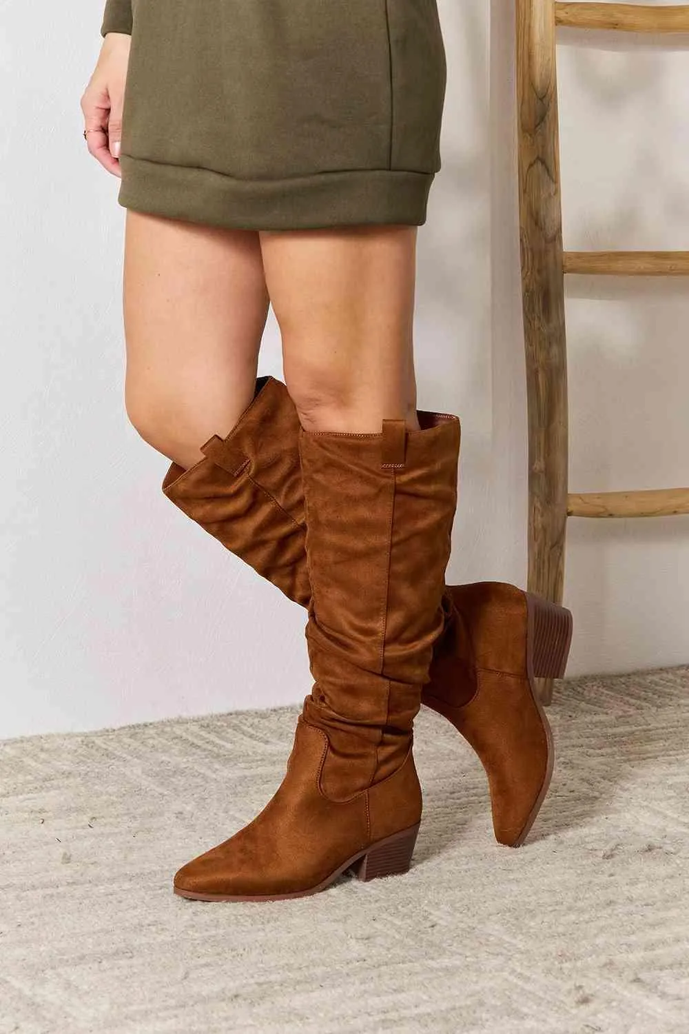 East Lion Block Heel Brown Knee High Boots