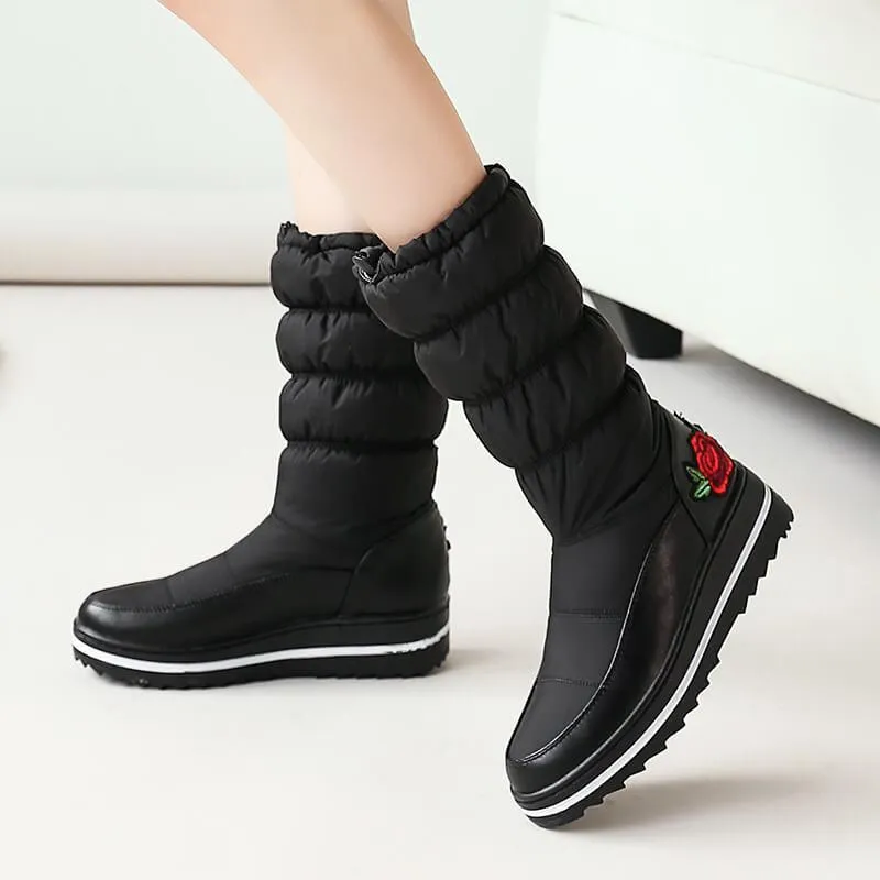 Embroidery Platform Flat Round Toe Mid Calf Boots