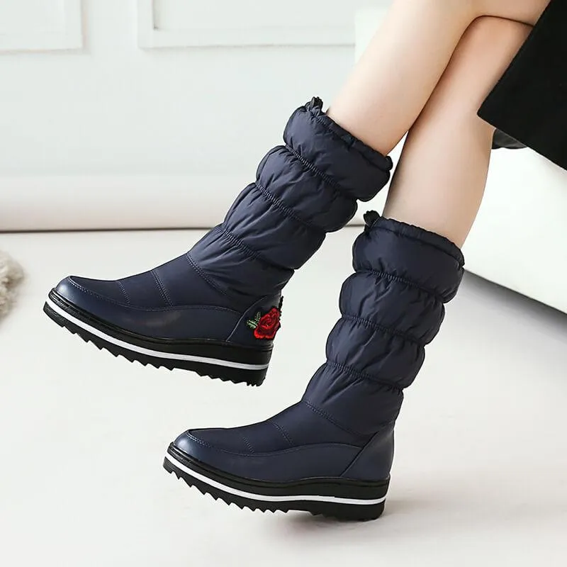 Embroidery Platform Flat Round Toe Mid Calf Boots