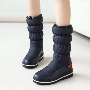 Embroidery Platform Flat Round Toe Mid Calf Boots