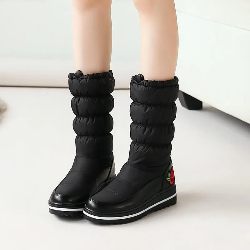 Embroidery Platform Flat Round Toe Mid Calf Boots