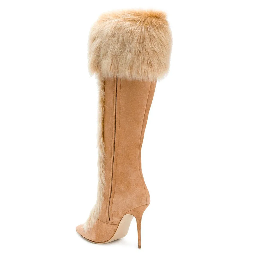 Faux Fur High Heel Suede Mid Calf Boots