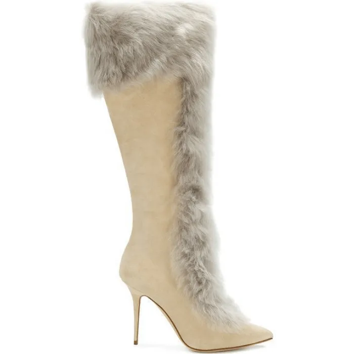 Faux Fur High Heel Suede Mid Calf Boots