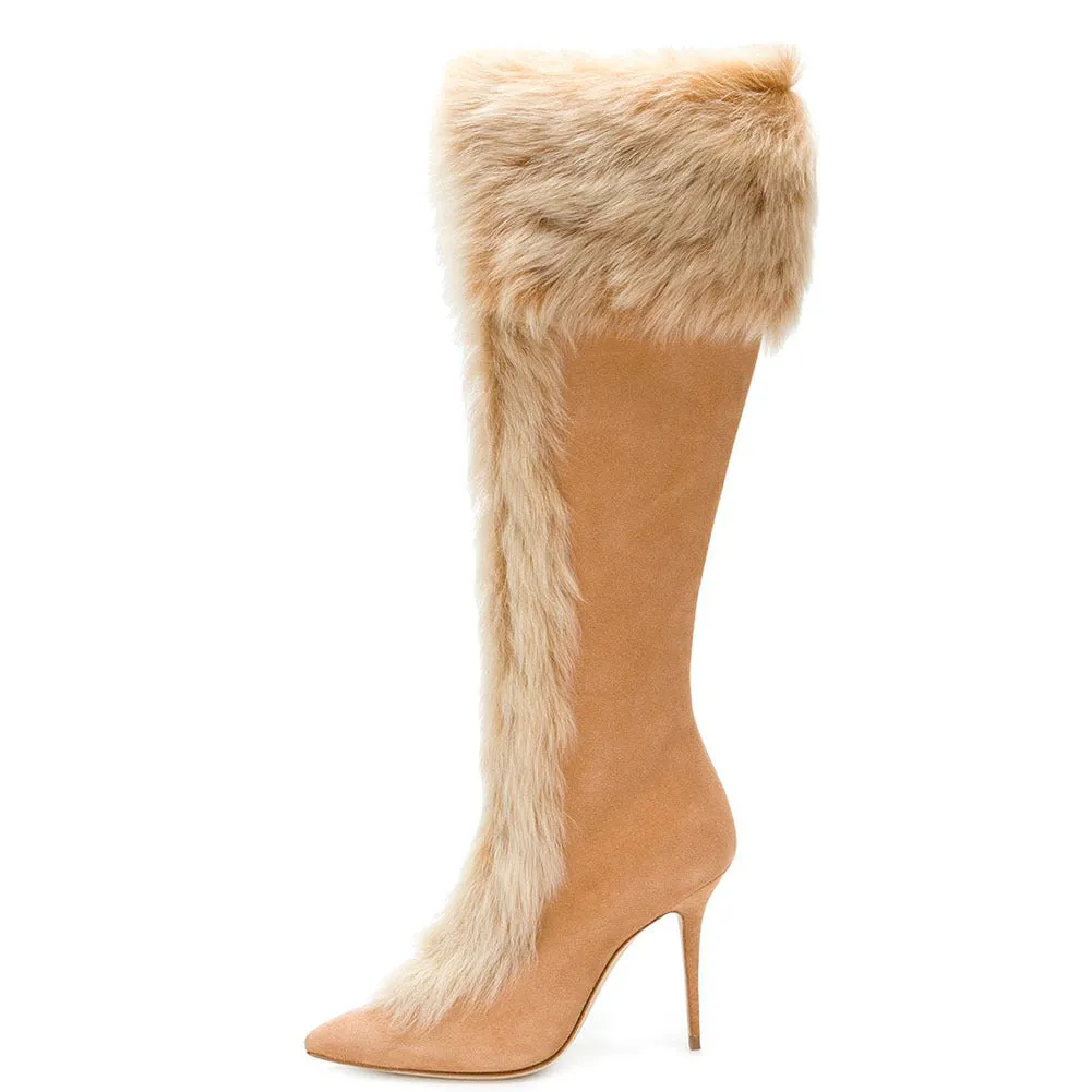 Faux Fur High Heel Suede Mid Calf Boots