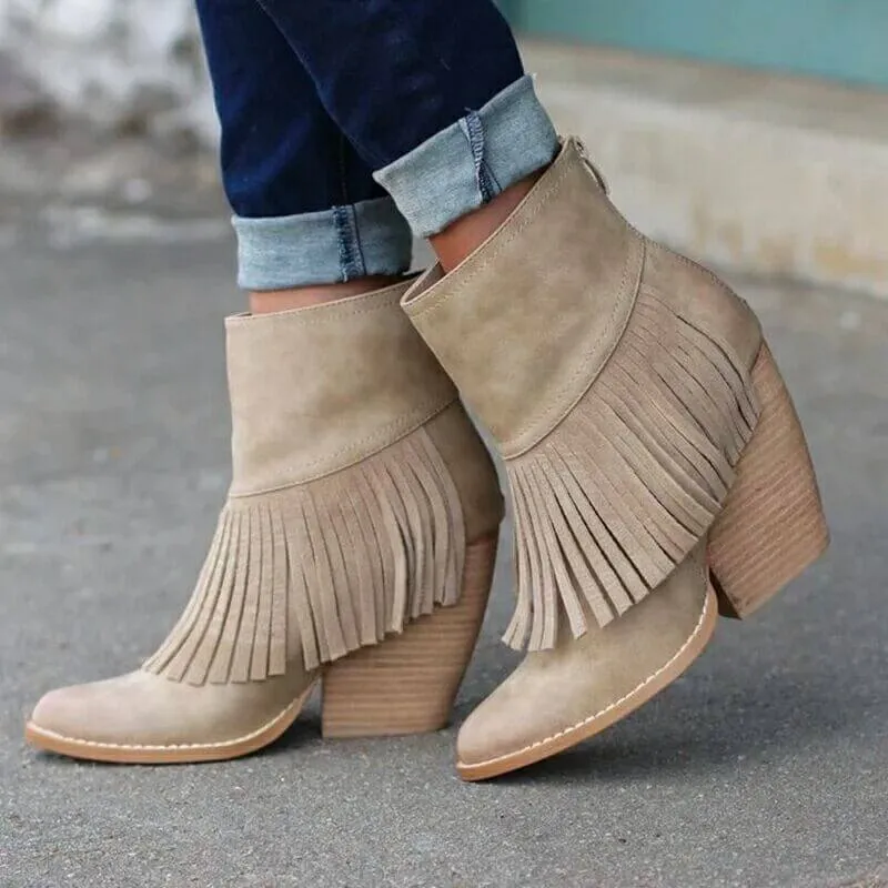 Fringe High Chunky Heel Zipper Ankle Boots