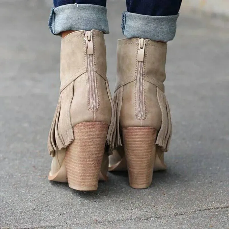 Fringe High Chunky Heel Zipper Ankle Boots
