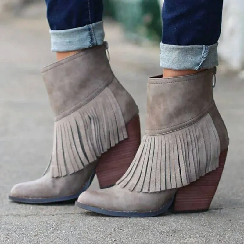 Fringe High Chunky Heel Zipper Ankle Boots
