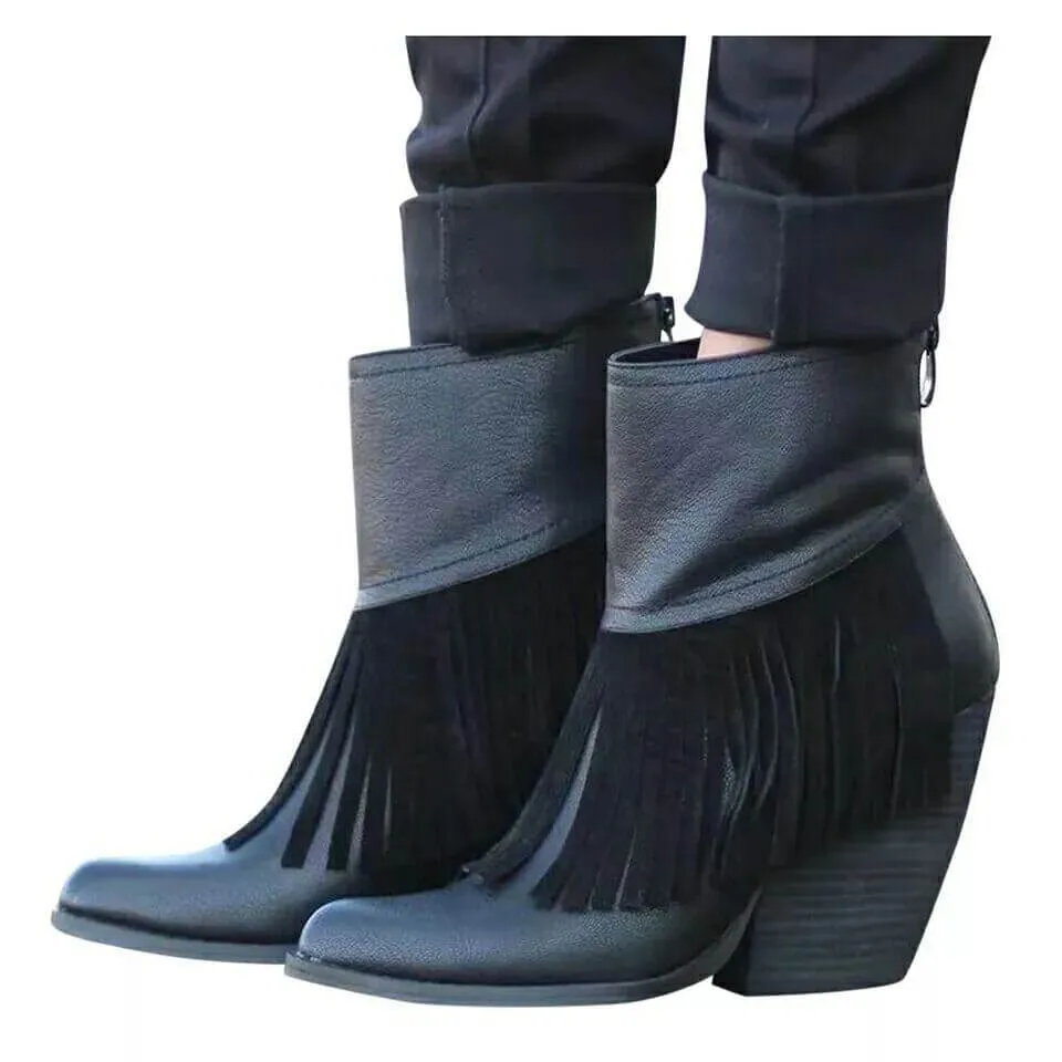 Fringe High Chunky Heel Zipper Ankle Boots