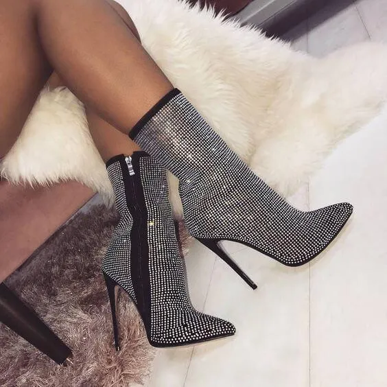 High Heel Rhinestone Pointed Toe Calf Sock Boots
