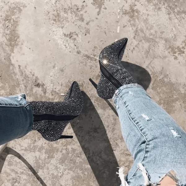 High Heel Rhinestone Pointed Toe Calf Sock Boots
