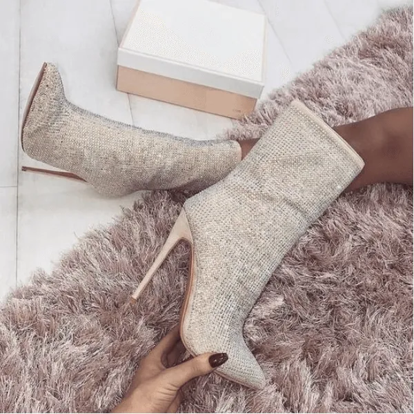 High Heel Rhinestone Pointed Toe Calf Sock Boots