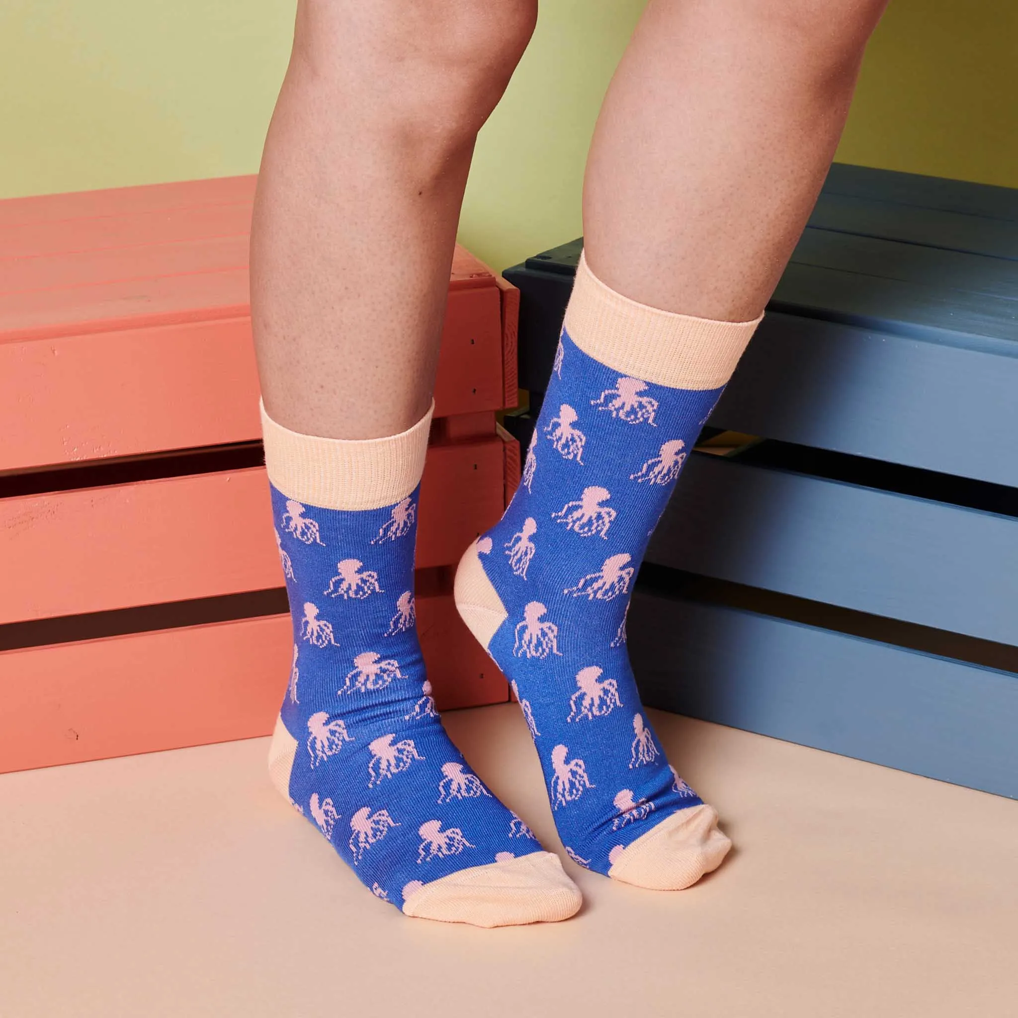 Ladies Bright Blue Octopus Organic Cotton Ankle Socks