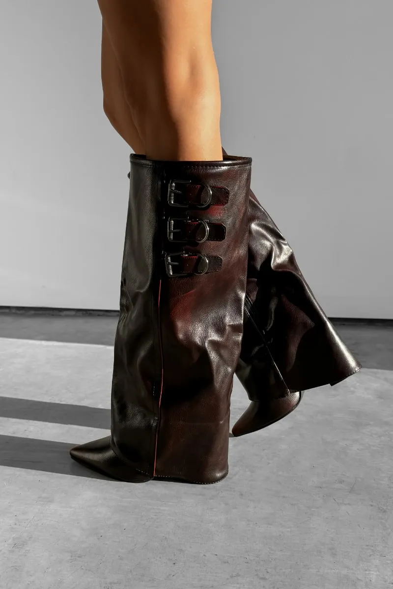 LENA Knee High Buckle Boots - Burgundy PU