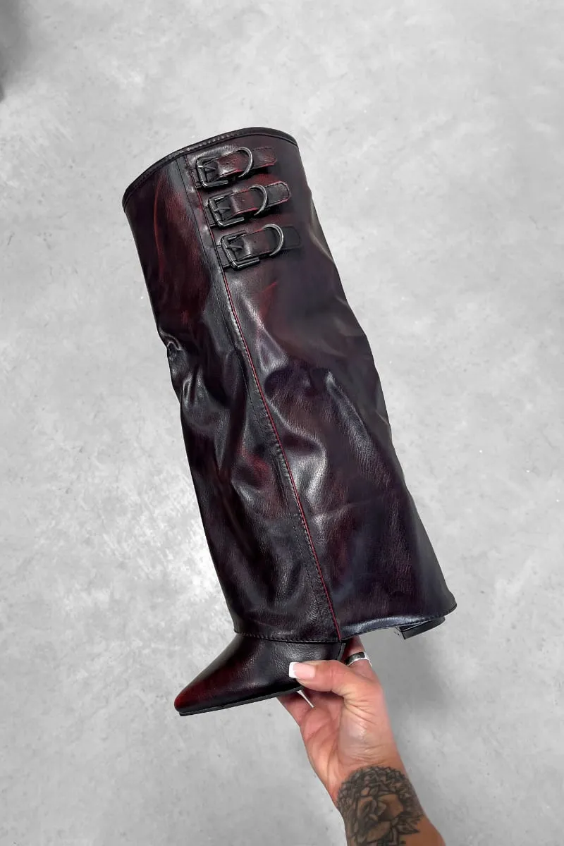 LENA Knee High Buckle Boots - Burgundy PU