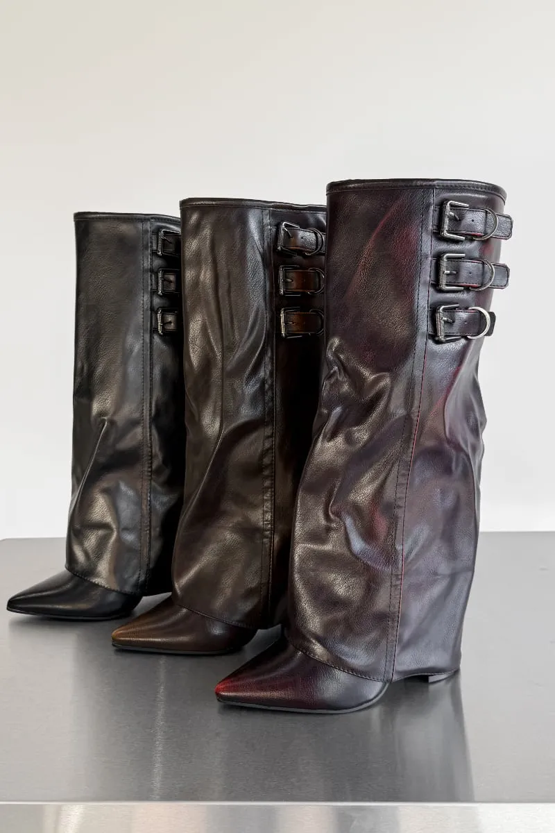 LENA Knee High Buckle Boots - Burgundy PU