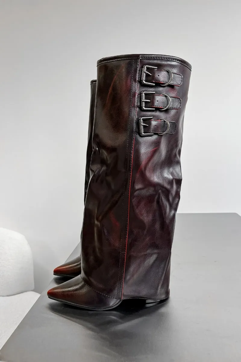 LENA Knee High Buckle Boots - Burgundy PU