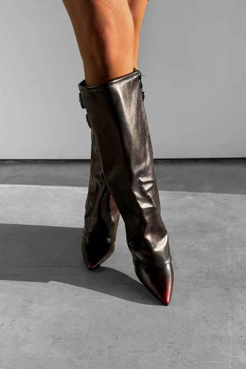 LENA Knee High Buckle Boots - Burgundy PU