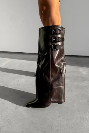 LENA Knee High Buckle Boots - Burgundy PU