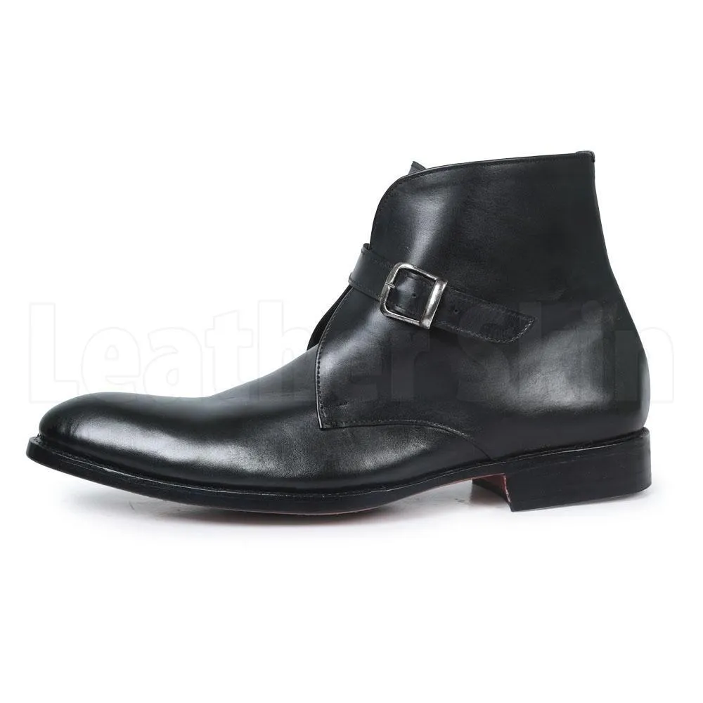 Men Black Handmade Genuine Leather Boots with Pointed Toe and Strap