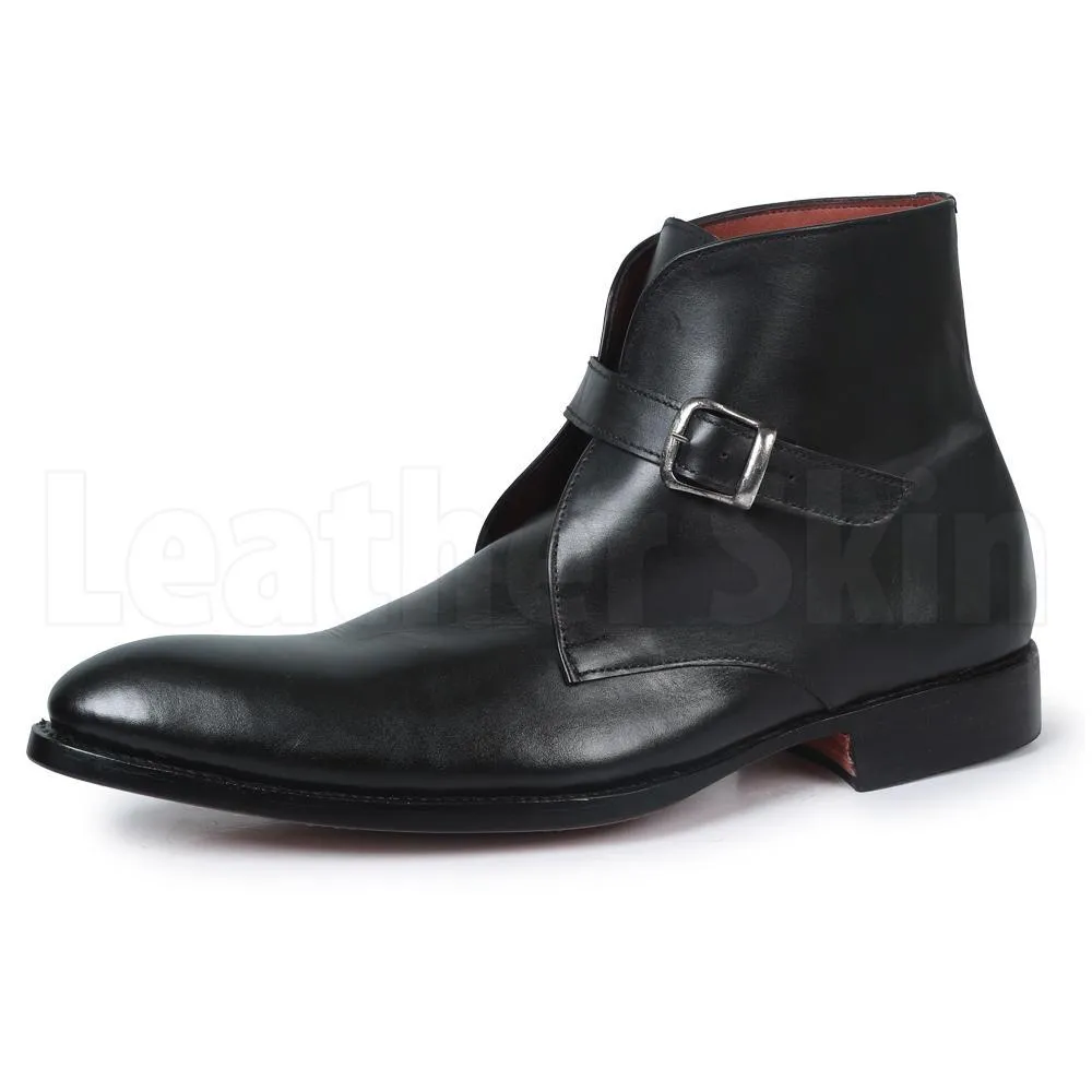 Men Black Handmade Genuine Leather Boots with Pointed Toe and Strap