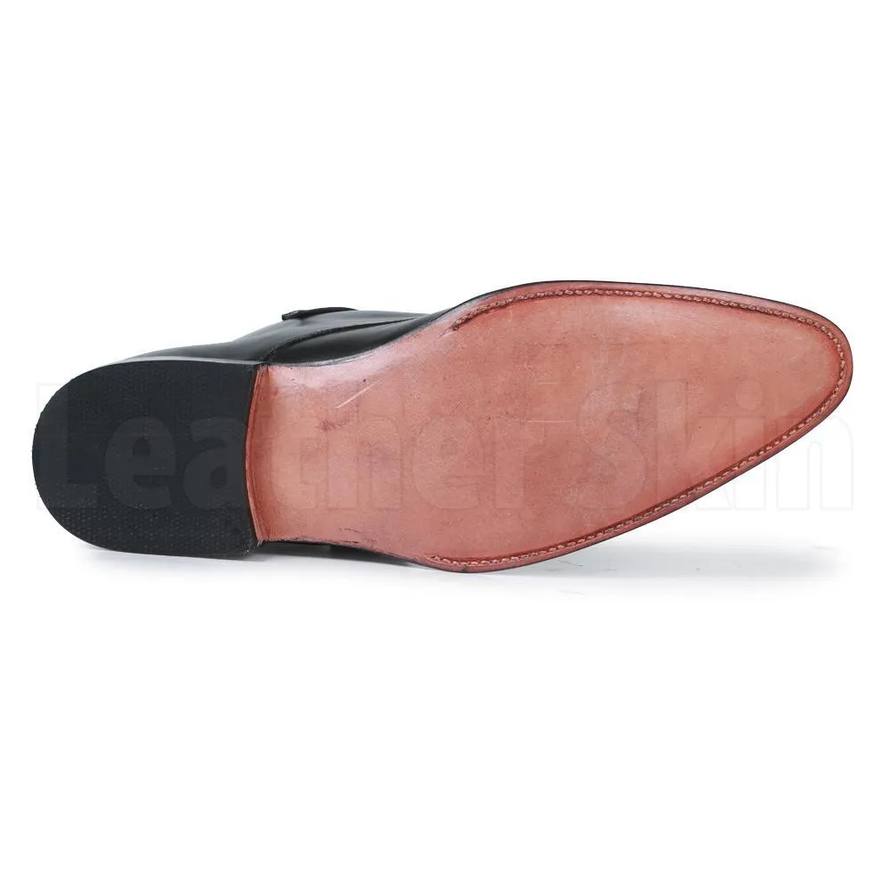 Men Black Handmade Genuine Leather Boots with Pointed Toe and Strap