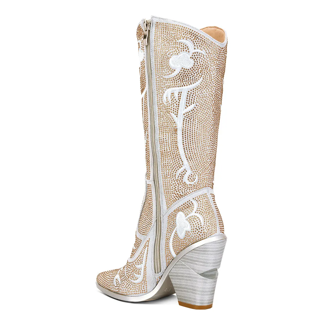 Rhinestones Embellished Shimmer Calf Boots