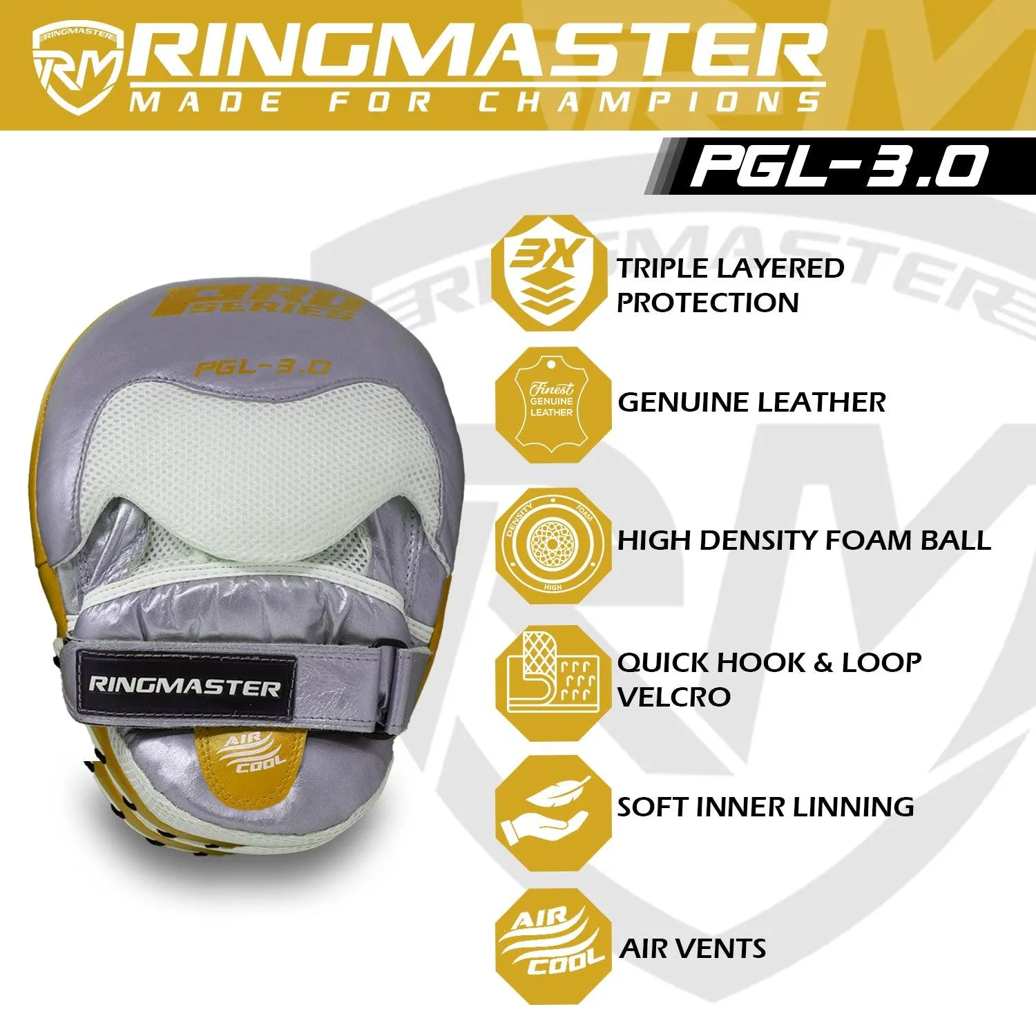 RingMaster Sports Focus pads Genuine Leather PGL 3.0 Gold and Silver