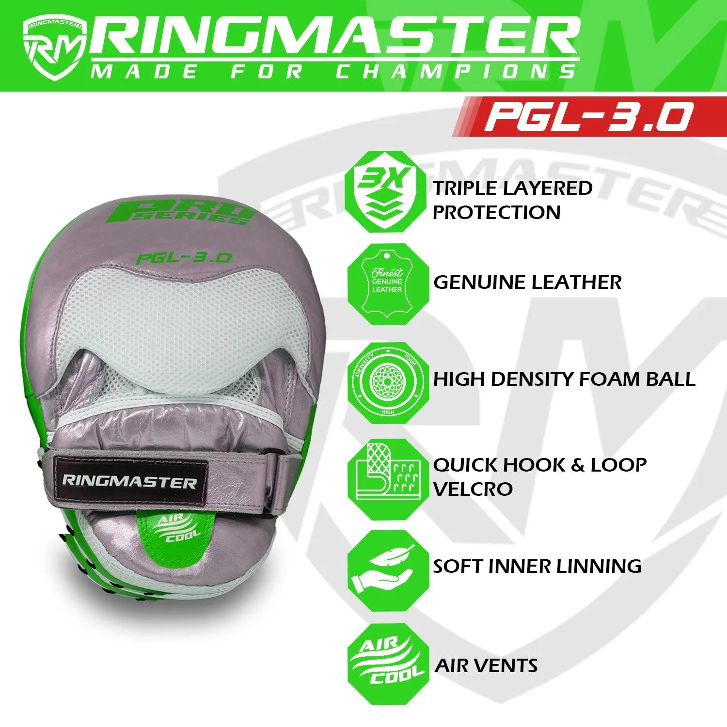 RingMaster Sports Focus pads Genuine Leather PGL 3.0 Series Green and Silver