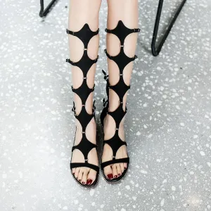 Sexy Cutout Buckles Flat Knee High Boots