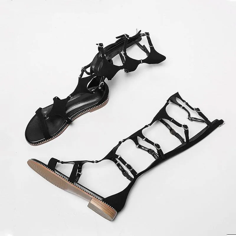 Sexy Cutout Buckles Flat Knee High Boots