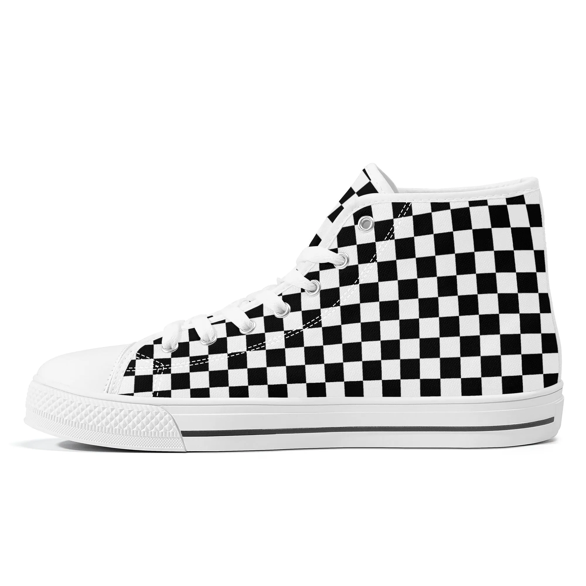 Speedway Style: Checkered Racing Pattern in Black and White Converse Style High Tops