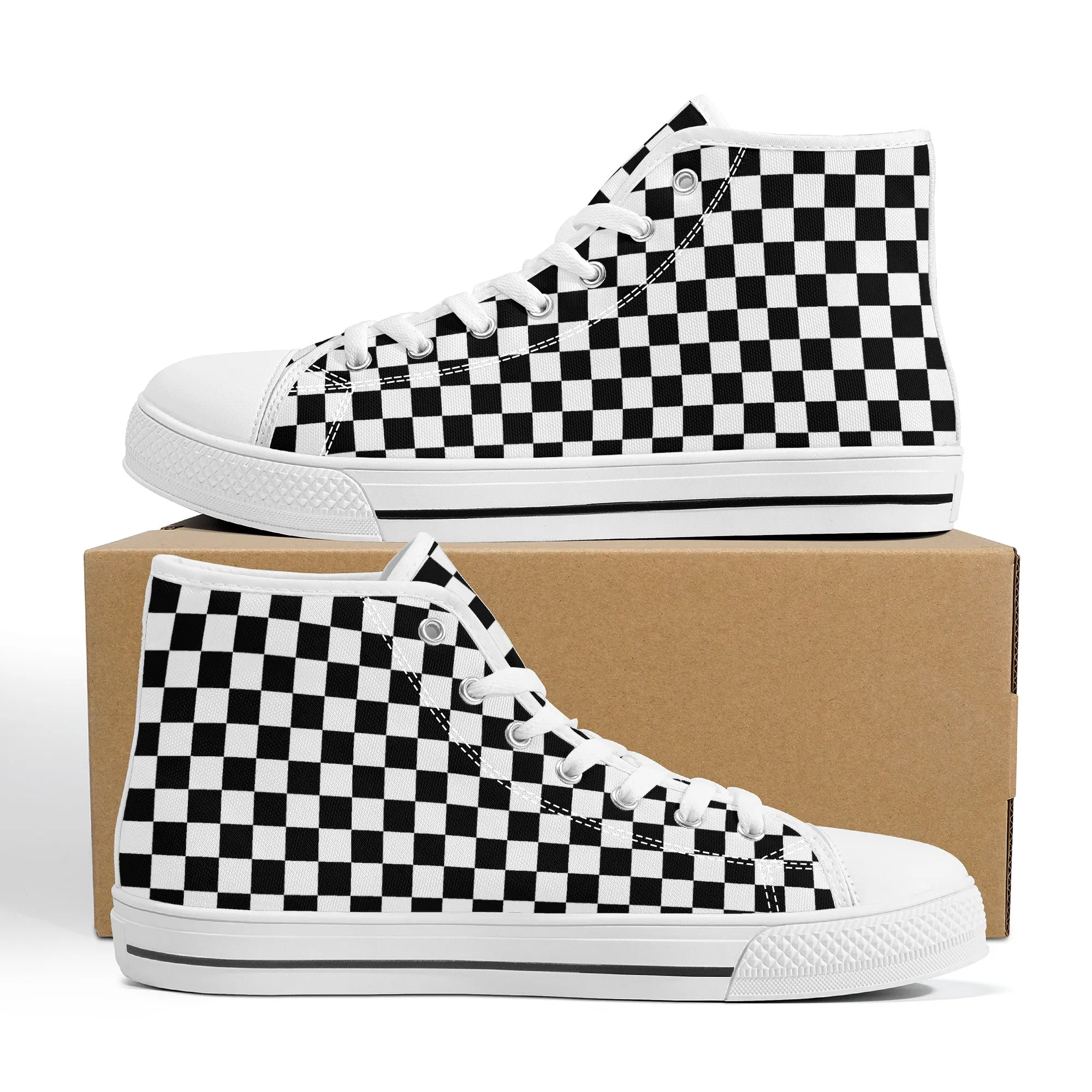 Speedway Style: Checkered Racing Pattern in Black and White Converse Style High Tops